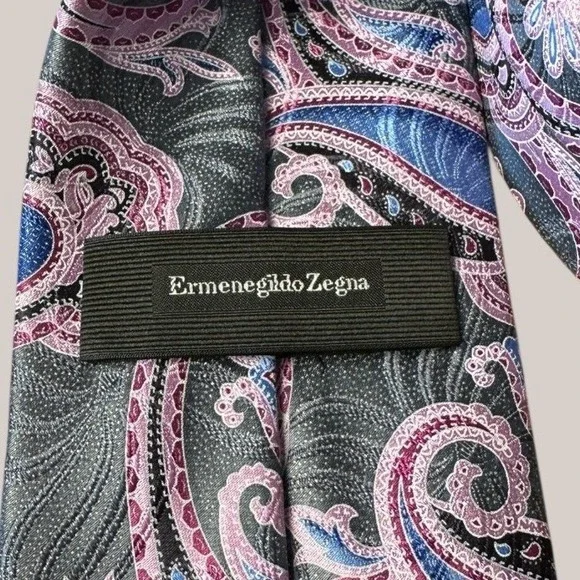 Ermenegildo Zegna Necktie 100% Italian Silk Paisley Blue Pink Grey 3.25"x61.5" - Picture 4 of 7